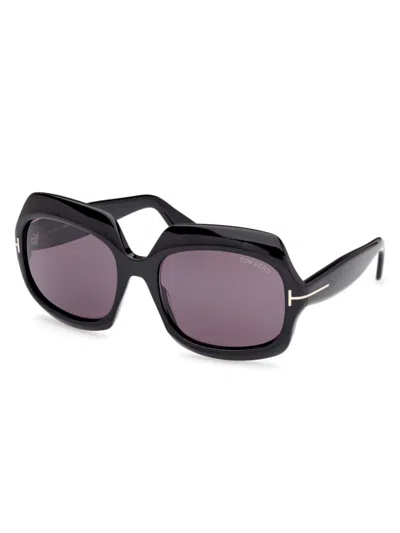 Tom Ford Women's Shiny Black Ren Geometric Sunglasses In Shiny Black/smoke