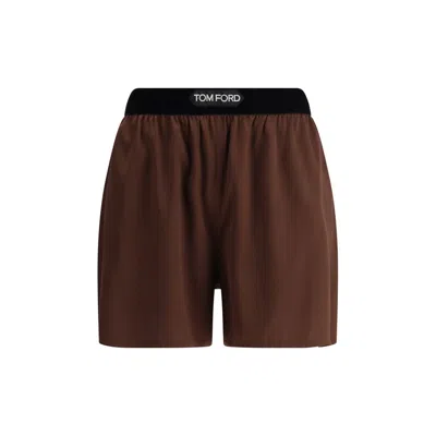 Tom Ford Logo Silk Blend Shorts With Satin Finish In Black