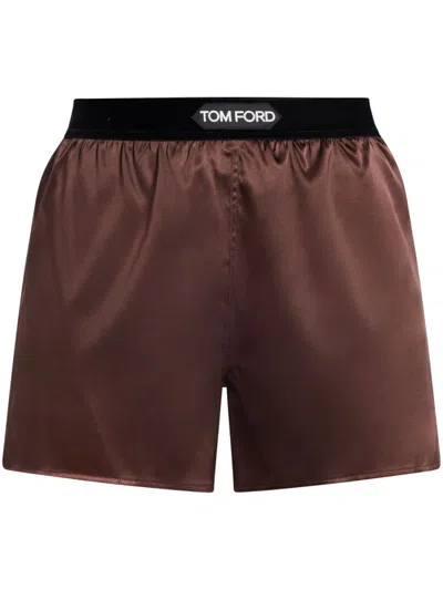 Tom Ford Logo Silk Blend Shorts With Satin Finish In Black