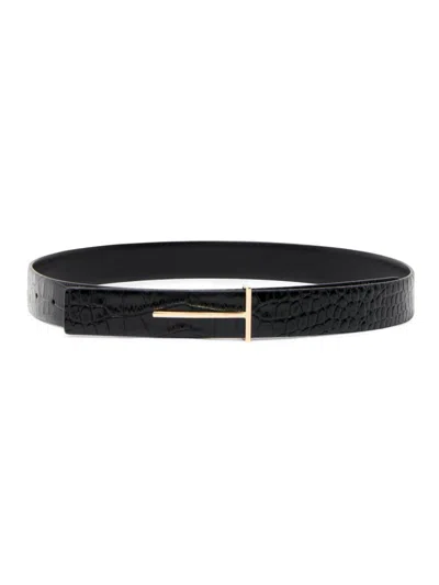 Tom Ford Women's Slim T Croc-embossed Leather Belt In Black