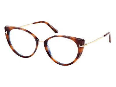 Pre-owned Tom Ford Women's  Cat Eye Eyeglasses In Havana/yellow (ft5815/b 053)