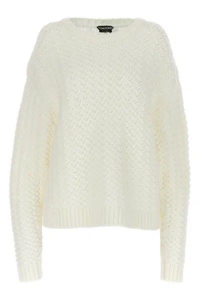 Tom Ford Crew Neck Wool Sweater With Textured Knit In White
