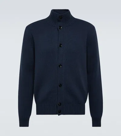 Tom Ford Ribbed Wool And Silk-blend Cardigan In Blue