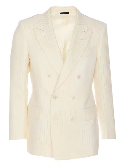 Tom Ford Dyllan Double-breasted Metallic Striped Wool And Silk-blend Suit Jacket In Neutrals