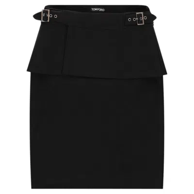 Pre-owned Tom Ford Wool Blend Pencil Skirt With Detachable Peplum Waistband In Black