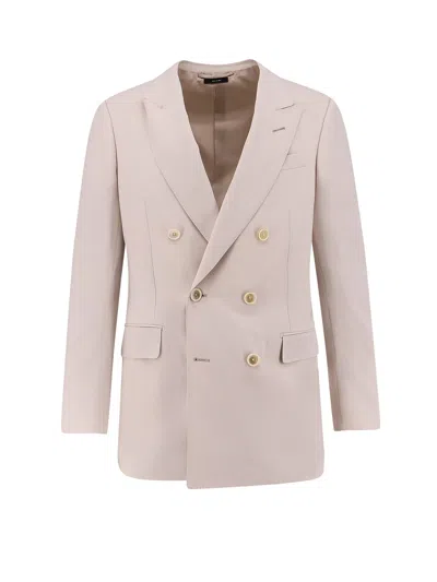 Tom Ford Wool Cashmere Silk Double Breasted Blazer In Pink
