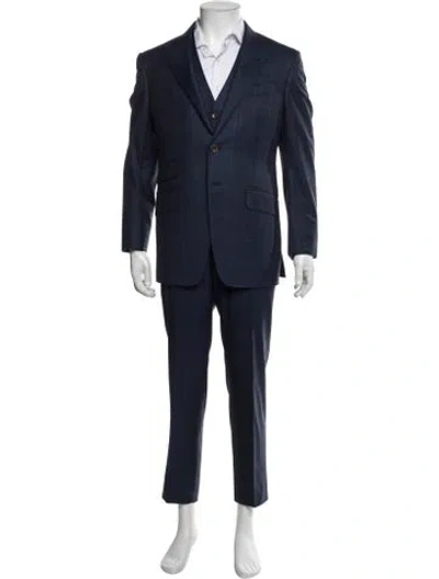Pre-owned Tom Ford Wool Plaid Print Three-piece Suit In Blue