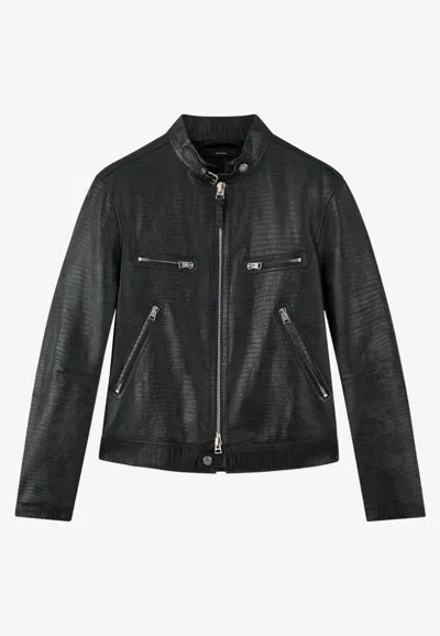 Tom Ford Zip Racer Jacket In Tejus Printed Leather In Black