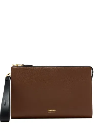 Tom Ford Zip-top Leather Clutch Bag In Brown