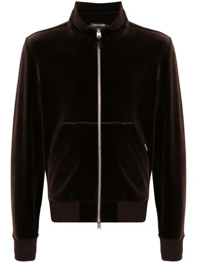 Tom Ford Velvet Zip-up Sweatshirt In Brown