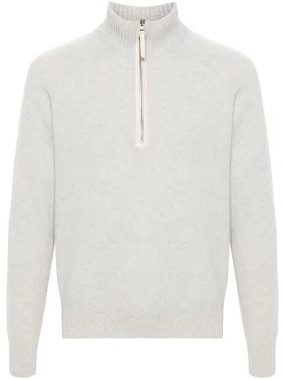 Tom Ford Slim-fit Leather-trimmed Wool And Cashmere-blend Half-zip Sweater In Grey