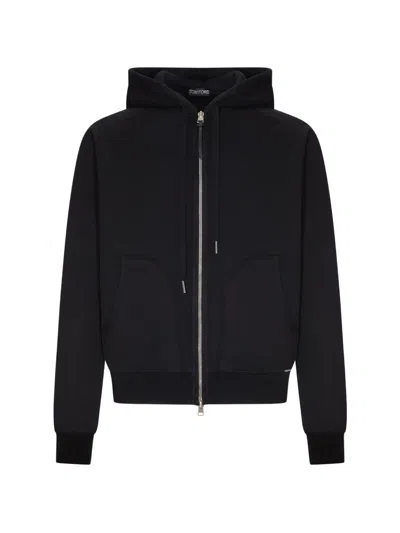 Tom Ford Cotton Jersey Sweatshirt With Zip And Hood In Blue