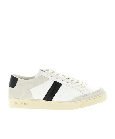 Tom Ford Panelled Suede And Grained Leather Sneakers In White