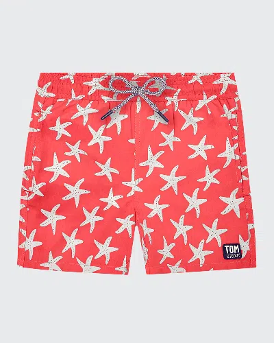 Tom & Teddy Kids' Boy's Starfish-print Swim Trunks In Rose  Blue