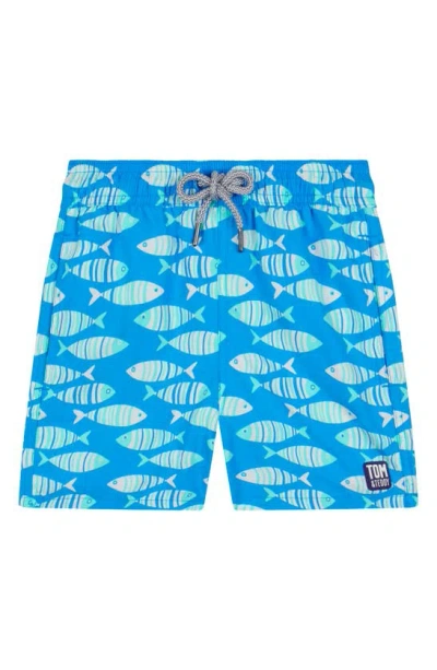 Tom & Teddy Kids' Little Boy's & Boy's Fish Print Swim Shorts In Striped Blue