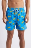 Tom & Teddy Gecko Print Performance Swim Trunks In Blue/ Orange