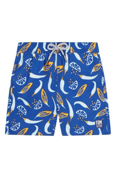 Tom & Teddy Kids' Chili Print Performance Swim Trunks In Blue Orange