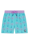 Tom & Teddy Kids' Palm Tree Print Performance Swim Trunks In Aqua Violet