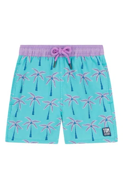 Tom & Teddy Kids' Palm Tree Print Performance Swim Trunks In Aqua Violet