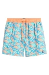 Tom & Teddy Tropical Print Swim Trunks In Blue Orange