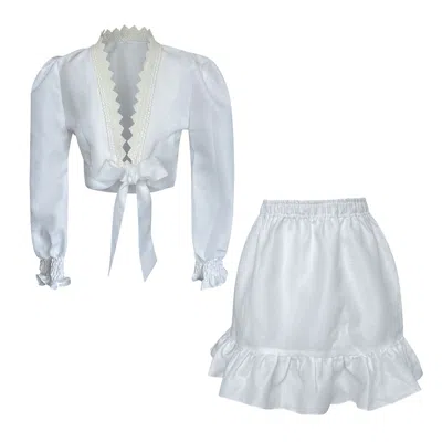 Toma Monaco White Linen Summer Party Beach Holiday Set With Crop Top And Skirt