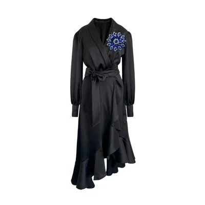 Toma Women's Black / Blue Black Clarice Evening Wrap Dress With Blue Rhinestone Crystals In Multi