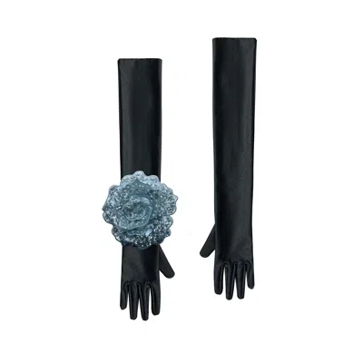 Toma Women's Black / Blue Black Evening Chic Gloves With Light Blue Sequin Rose In Multi