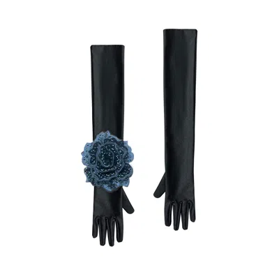 Toma Women's Black / Blue Black Evening Chic Gloves With Navy Sequin Rose In Multi