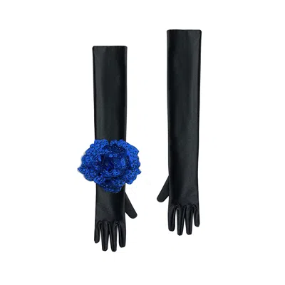 Toma Women's Black / Blue Black Evening Chic Gloves With Royal Blue Sequin Rose In Multi