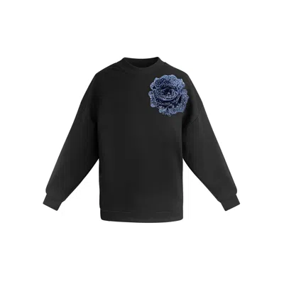 Toma Women's Black / Blue Black Sweatshirt With Top Side Navy Sequin Rose