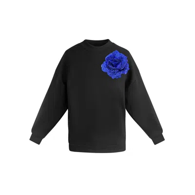 Toma Women's Black / Blue Black Sweatshirt With Top Side Royal Blue Sequin Rose