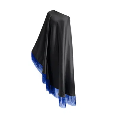 Toma Women's Black / Blue Blue Fringe Off Shoulder Summer Glam Maxi Black Dress In Multi