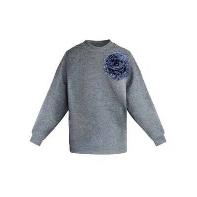 Toma Women's Black / Blue Grey Sweatshirt With Top Side Navy Sequin Rose In White