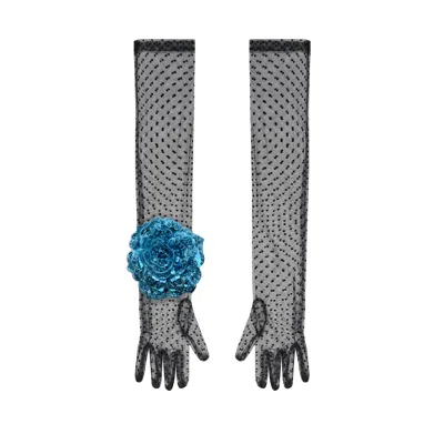 Toma Women's Black / Blue Long Black Polka Dot Elegant Gloves With Lake Blue Sequin Rose In Multi