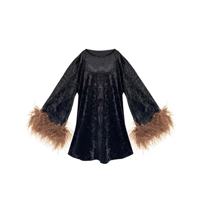 Toma Women's Black / Brown Jess Mini Little Black Velvet Dress Brown Feathers In Multi
