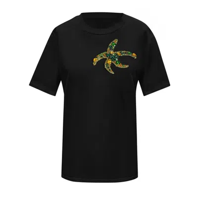 Toma Women's Black Cotton T-shirt With Green Yellow Rhinestone Starfish