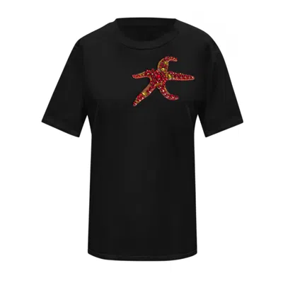 Toma Women's Black Cotton T-shirt With Red Rhinestone Starfish
