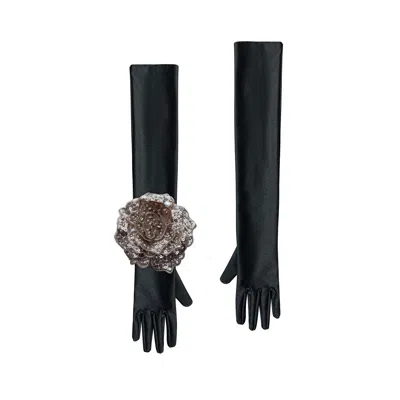 Toma Women's Black Evening Chic Gloves With Champagne Sequin Rose