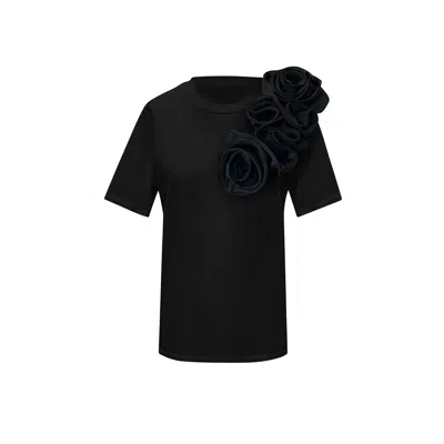 Toma Women's Black Flower Summer Black Cotton T-shirt