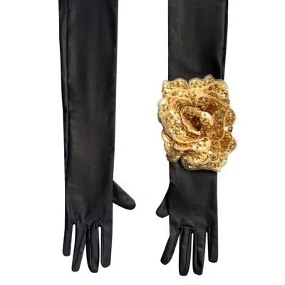 Toma Women's Black / Gold Black Evening Chic Gloves With Gold Sequin Rose