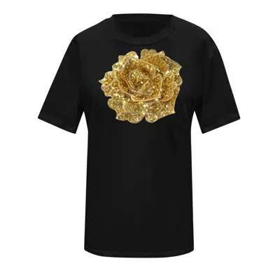 Toma Women's Black / Gold Flower Summer Black Cotton T-shirt With Central Gold Sequin Rose