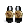Toma Women's Black / Gold Handmade Faux Fur Open Toe Black Slippers In Multi