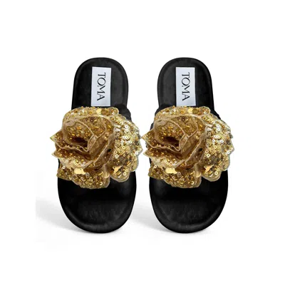 Toma Women's Black / Gold Handmade Faux Fur Open Toe Black Slippers In Multi