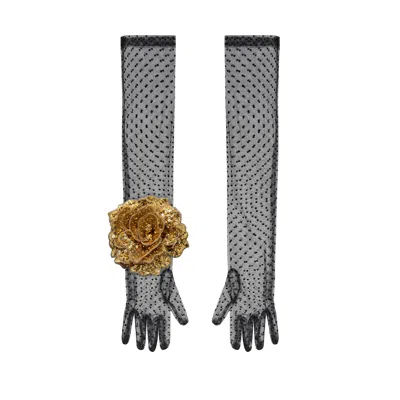 Toma Women's Black / Gold Long Black Polka Dot Elegant Gloves With Gold Sequin Rose In Multi