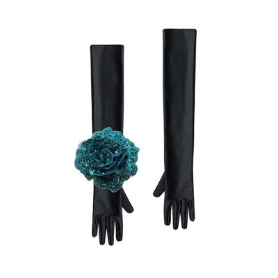 Toma Women's Black / Green Black Evening Chic Gloves With Green Sequin Rose In Multi