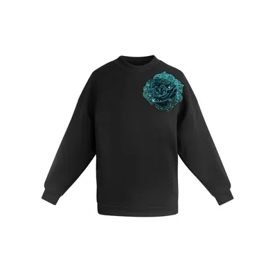Toma Women's Black / Green Black Sweatshirt With Top Side Green Sequin Rose
