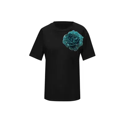 Toma Women's Black / Green Flower Black Cotton T-shirt With Top Side Green Sequin Rose
