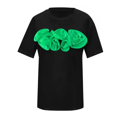 Toma Women's Black / Green Flower Summer Black Cotton T-shirt With Green Central Roses