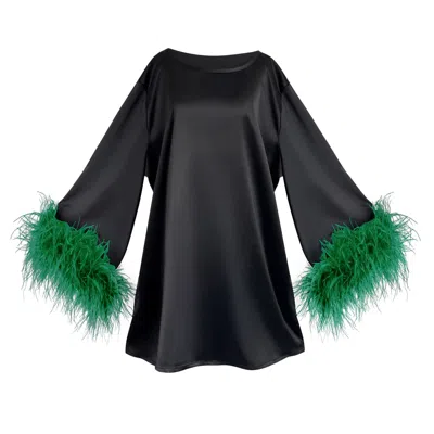 Toma Women's Black / Green Jess Mini Little Black Party Dress With Green Feathers