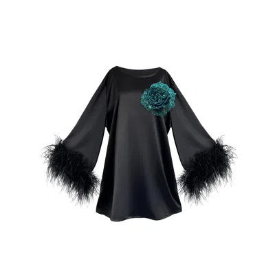 Toma Women's Black / Green Jess Mini Little Black Party Dress With Green Sequin Flower